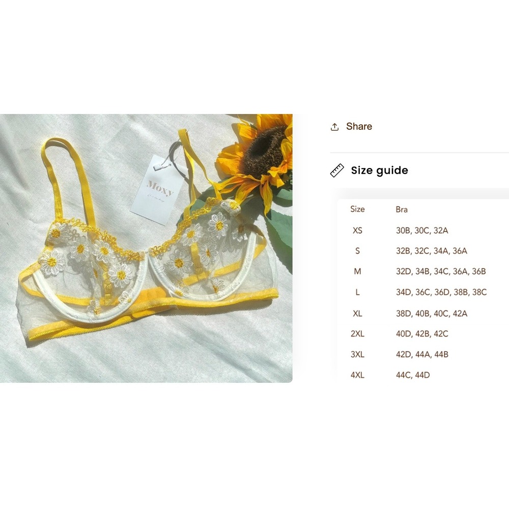 Moxy Daisy Embroidered Mesh Bra‎ Yellow White Sheer Floral SMALL